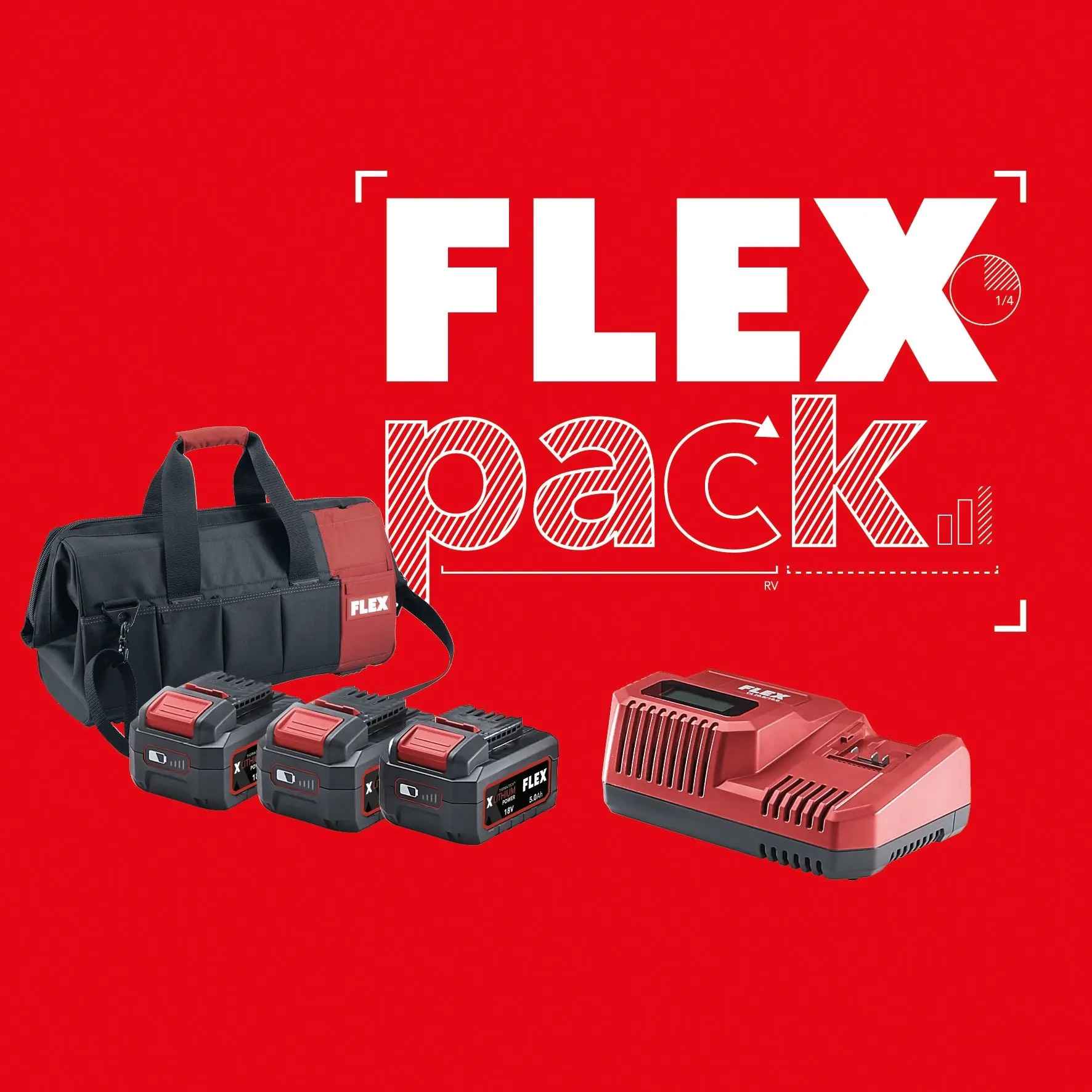 FLEX-Pack: 3 Geräte nach Wahl zuzüglich 3 Akkus AP 18.0/5.0 Ah, 1 Ladegerät und 1 praktische Transporttasche.